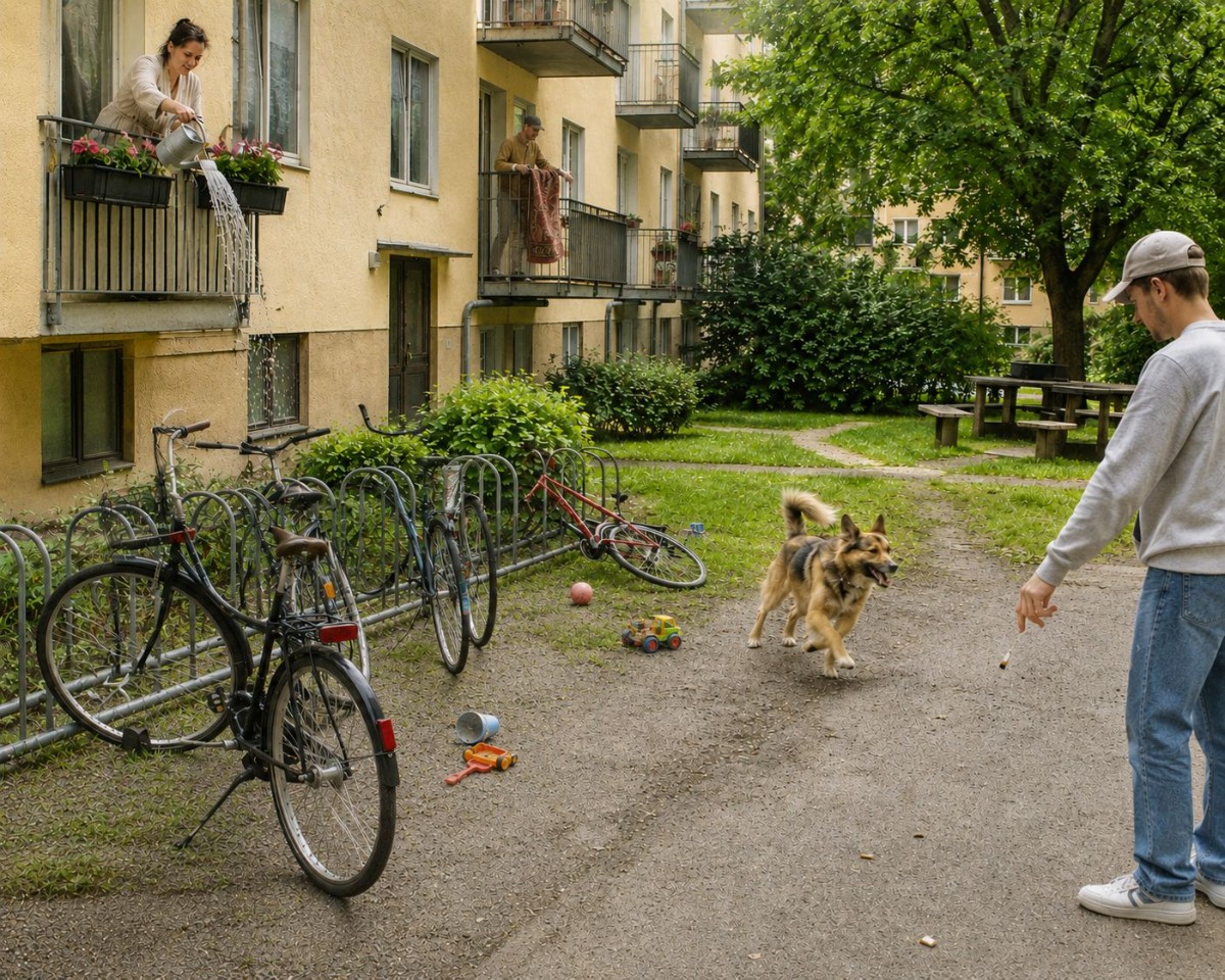 En stökig gård med lös hund,  leksaker slängda och cyklar som är kastade.